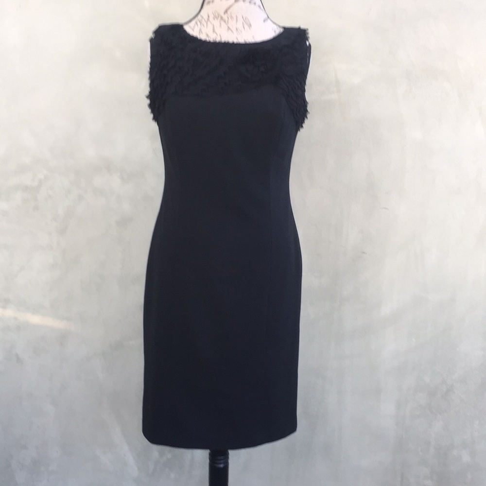 Ann Taylor LBD with ruffle flower neckline accent.